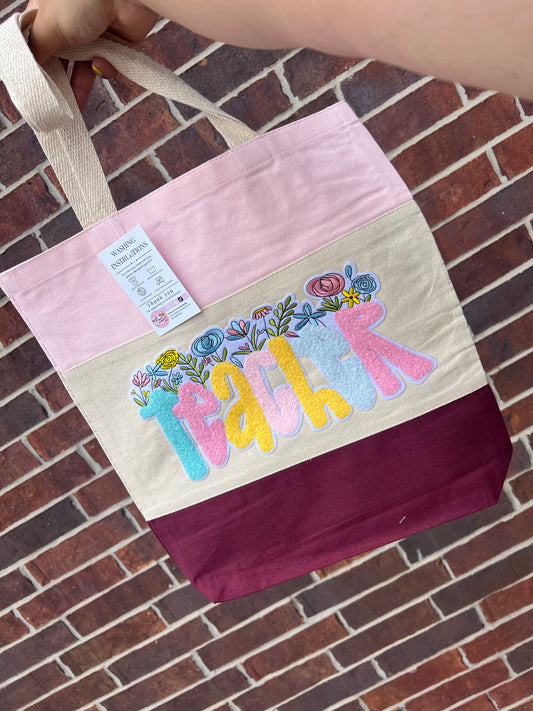 Teacher chenille patch tote bag