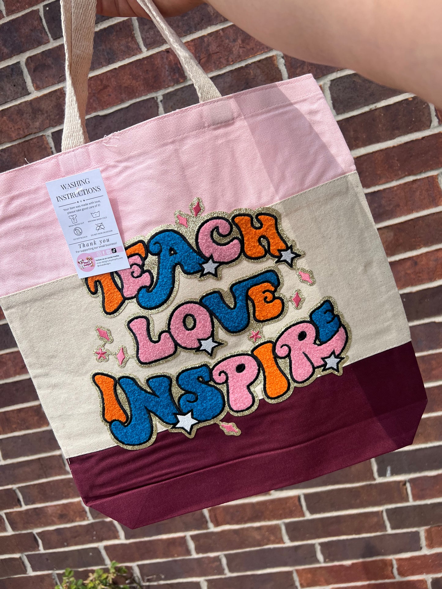 Teach Love Inspire chenille patch tote