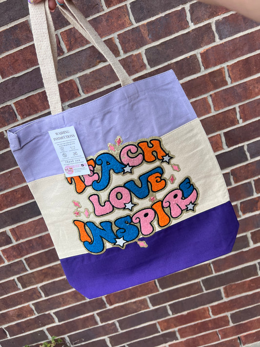 Teach Love Inspire chenille patch tote