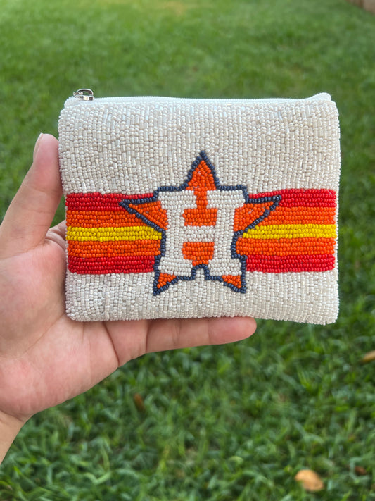 White beaded Astros coin pouch